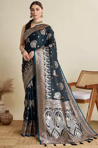 Black ethnic motifs woven design zari  banarasi saree