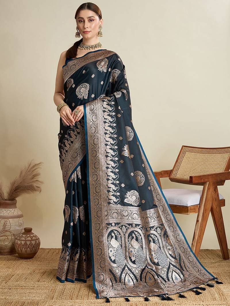 Black ethnic motifs woven design zari  banarasi saree