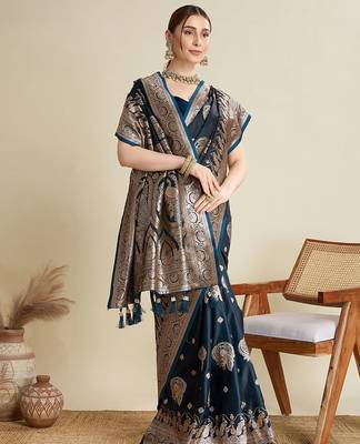 Black ethnic motifs woven design zari  banarasi saree 2