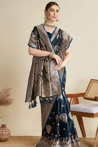 Black ethnic motifs woven design zari  banarasi saree