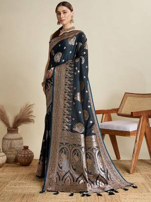Black ethnic motifs woven design zari  banarasi saree 3