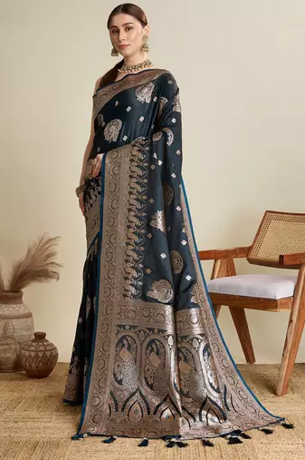 Black ethnic motifs woven design zari  banarasi saree