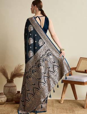 Black ethnic motifs woven design zari  banarasi saree 4