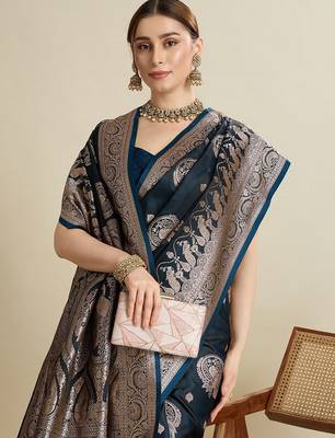 Black ethnic motifs woven design zari  banarasi saree 5