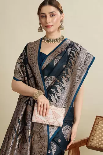 Black ethnic motifs woven design zari  banarasi saree