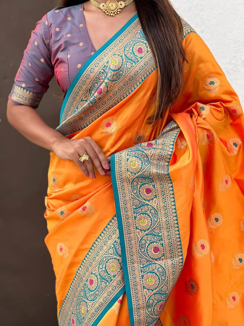 Orange woven design kanjeevaram saree