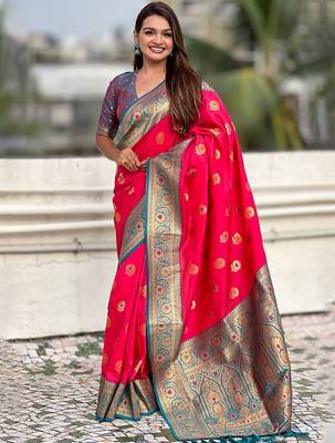 Pink woven design zari kanjeevaram saree 1