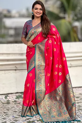 Pink woven design zari kanjeevaram saree