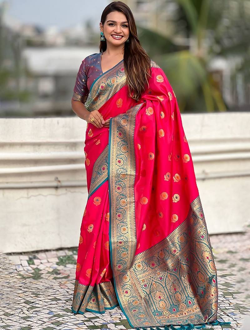 Pink woven design zari kanjeevaram saree
