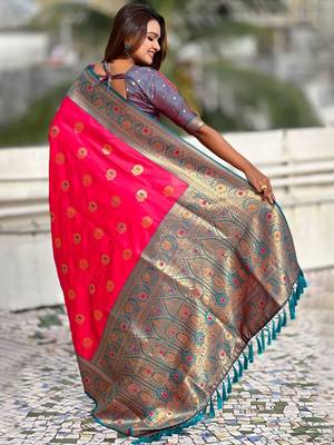 Pink woven design zari kanjeevaram saree 3
