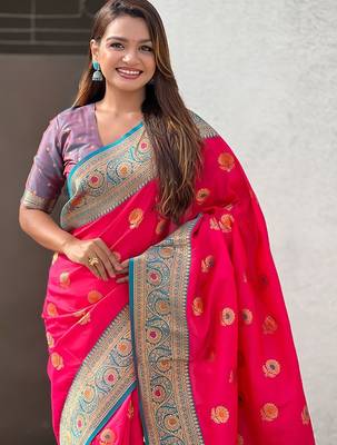 Pink woven design zari kanjeevaram saree 4