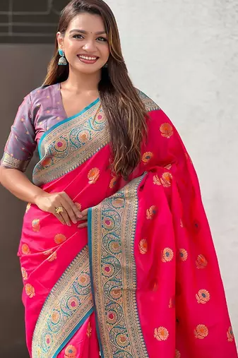 Pink woven design zari kanjeevaram saree