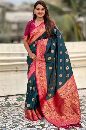 Blue ethnic motifs woven design zari kanjeevaram saree