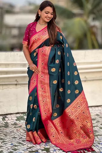 Blue ethnic motifs woven design zari kanjeevaram saree