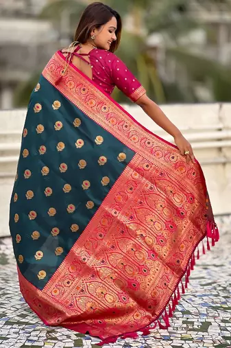 Blue ethnic motifs woven design zari kanjeevaram saree