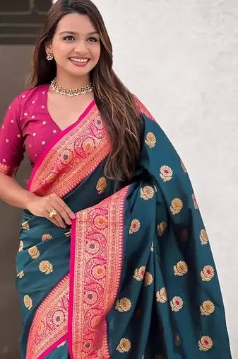 Blue ethnic motifs woven design zari kanjeevaram saree