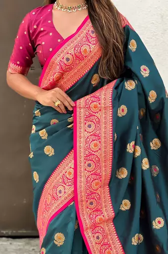 Blue ethnic motifs woven design zari kanjeevaram saree