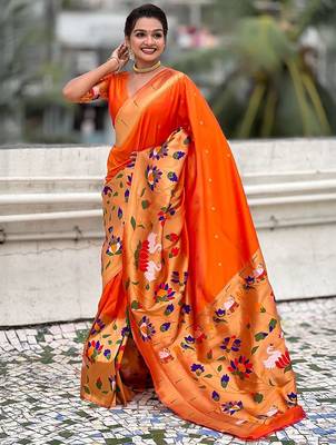 Orange woven design zari paithani saree 2