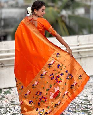 Orange woven design zari paithani saree 3