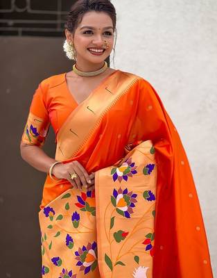 Orange woven design zari paithani saree 4