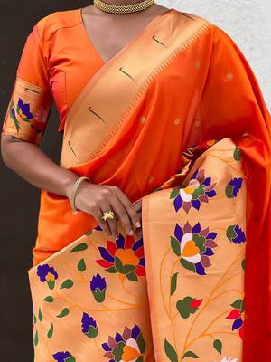 Orange woven design zari paithani saree 5