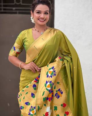 Green woven design zari paithani saree 3
