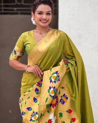 Green woven design zari paithani saree 4