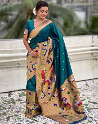 Green woven design zari paithani saree 3