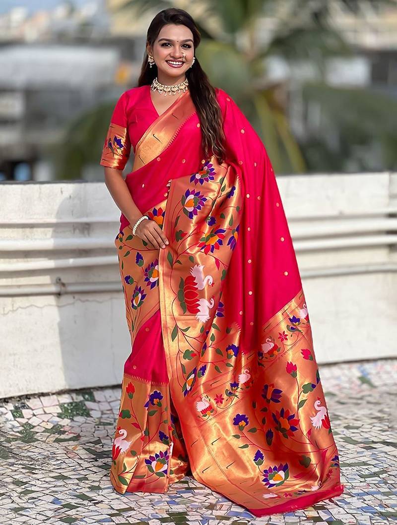 Pink woven design zari paithani saree