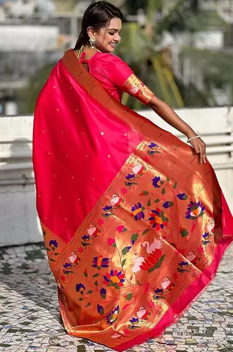 Pink woven design zari paithani saree