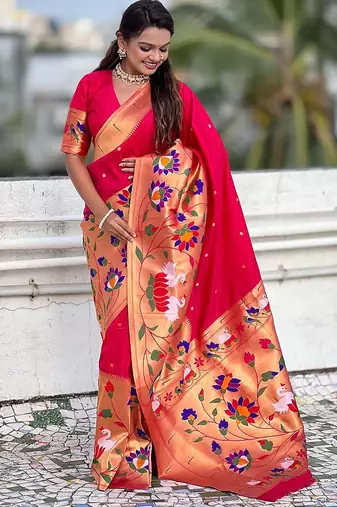 Pink woven design zari paithani saree
