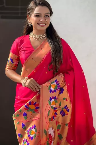 Pink woven design zari paithani saree