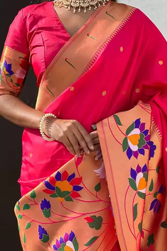 Pink woven design zari paithani saree