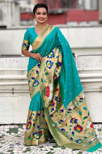 Sea green woven design zari silk blend paithani saree