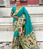 Sea green woven design zari silk blend paithani saree
