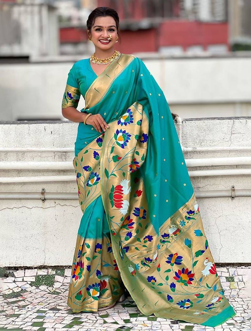 Sea green woven design zari silk blend paithani saree