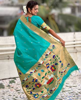 Sea green woven design zari silk blend paithani saree 2