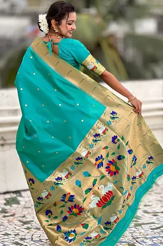 Sea green woven design zari silk blend paithani saree