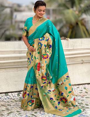 Sea green woven design zari silk blend paithani saree 3