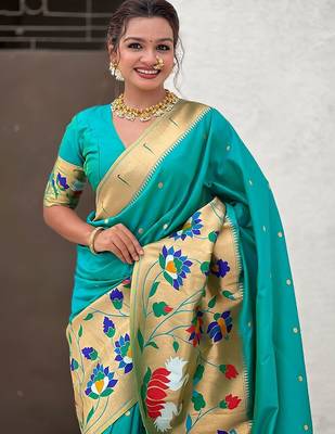 Sea green woven design zari silk blend paithani saree 4