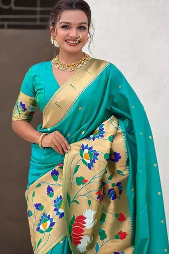 Sea green woven design zari silk blend paithani saree