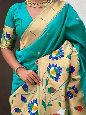 Sea green woven design zari silk blend paithani saree 5