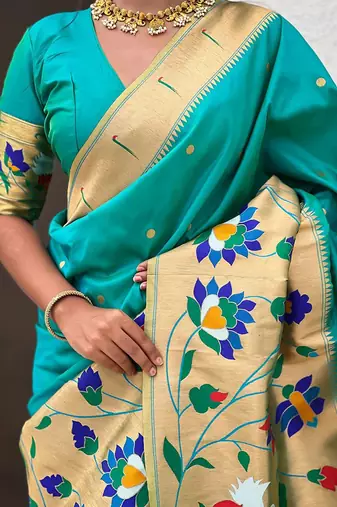Sea green woven design zari silk blend paithani saree