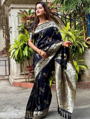 Black woven design zari silk blend banarasi saree 1