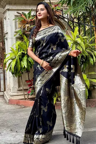 Black woven design zari silk blend banarasi saree