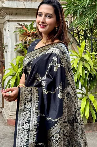 Black woven design zari silk blend banarasi saree