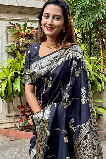 Black woven design zari silk blend banarasi saree