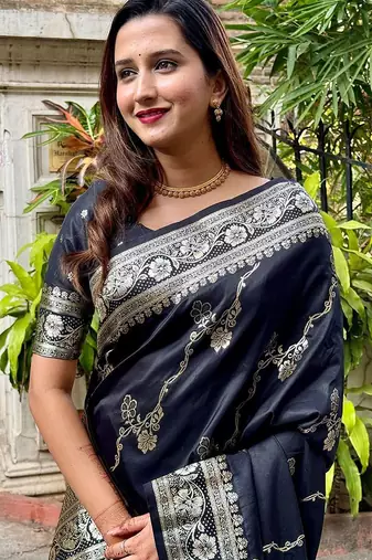 Black woven design zari silk blend banarasi saree