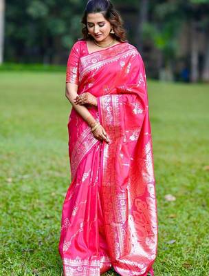 Pink woven design zari silk blend banarasi saree 1