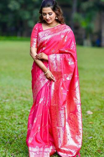 Pink woven design zari silk blend banarasi saree
